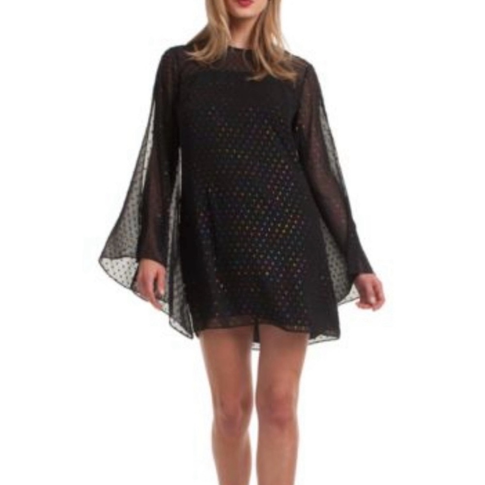 NWT Trina Turk Winterluxe Tess Metallic Sheer Bell Sleeve Black Shift Dress XS